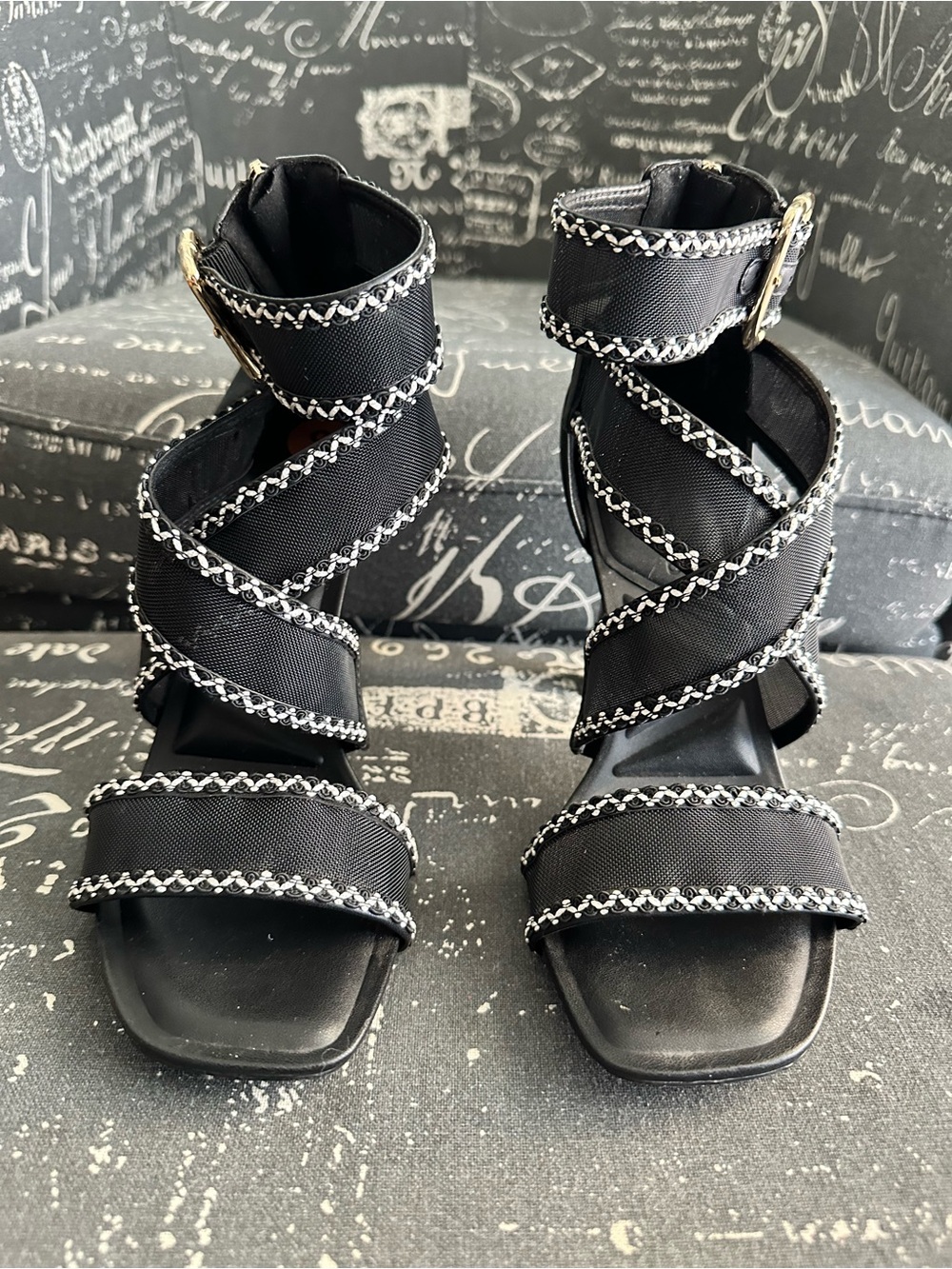 Black Strappy High-Heel Sandals with Metallic White Trim